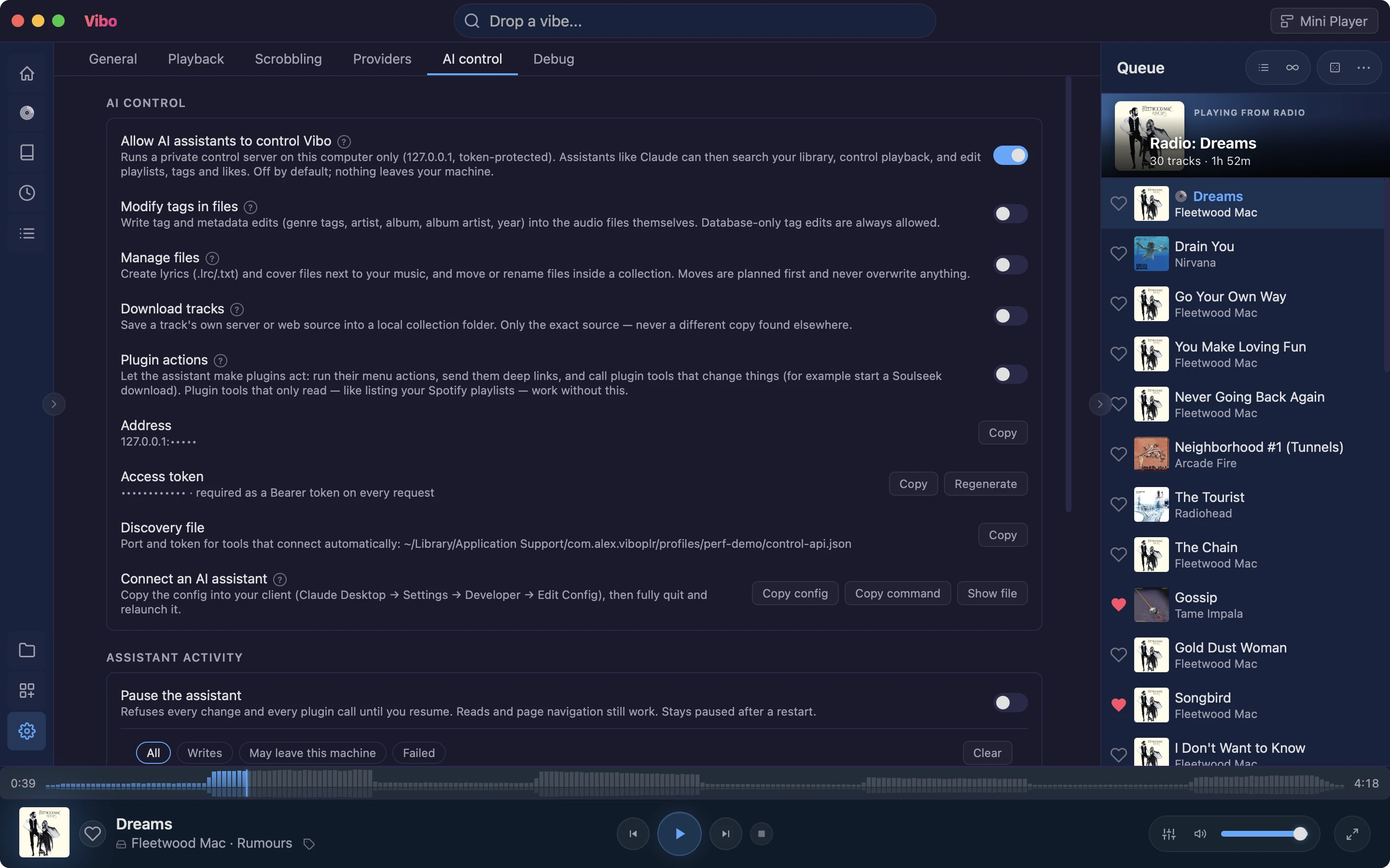 Settings → AI control with the control server switched on: the permission switches, the redacted address and token, and the Copy config and Copy command buttons for connecting an assistant