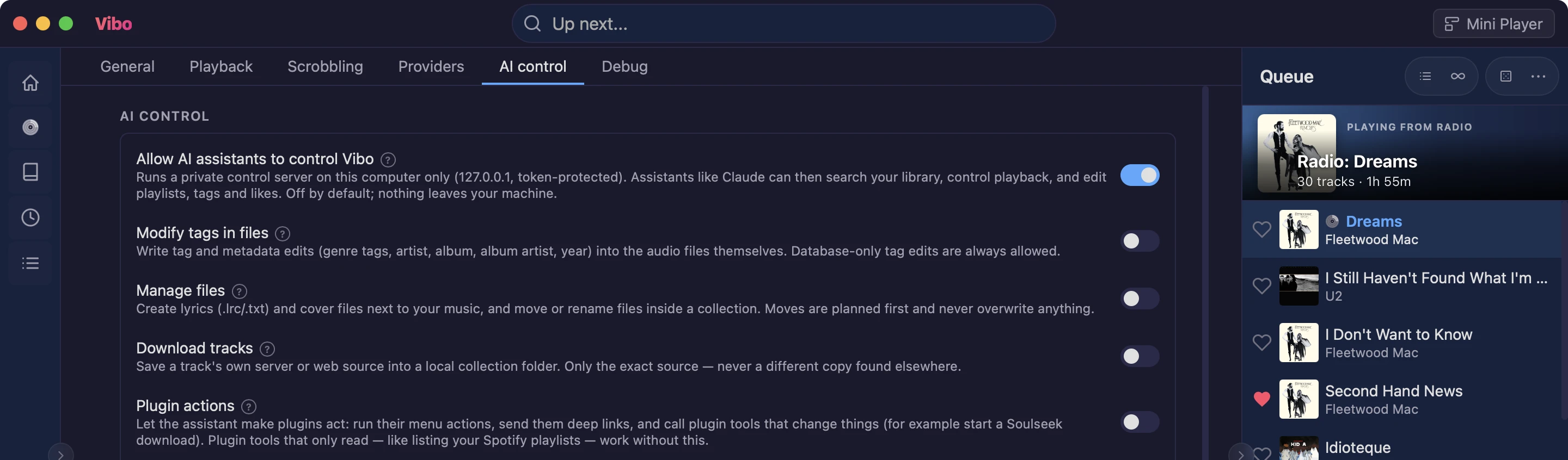 Settings → AI control: the control-server switch on, and separate switches for file tags, managing files, downloads and plugin actions, all off