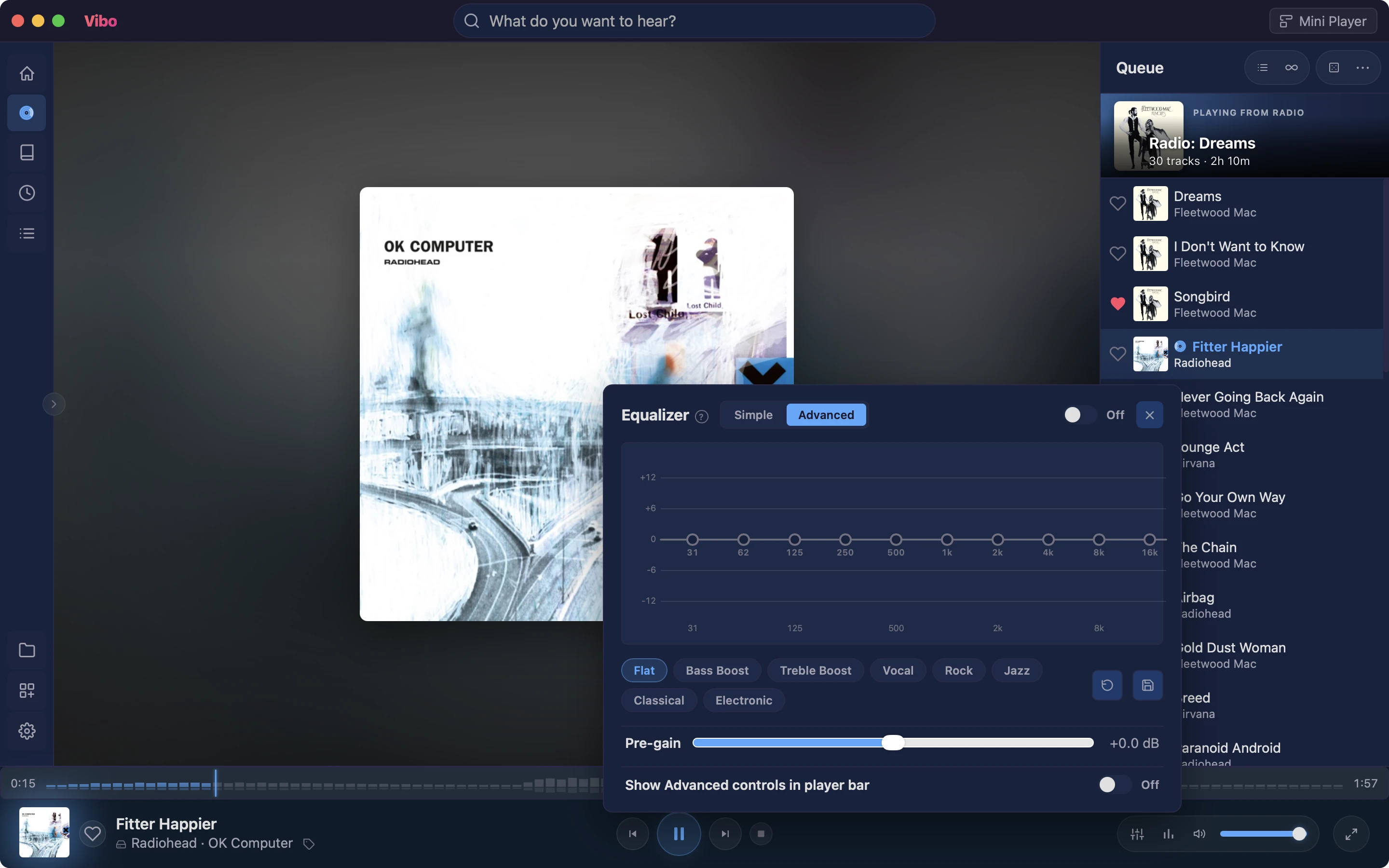 The equalizer panel open over Now Playing, with presets and pre-gain