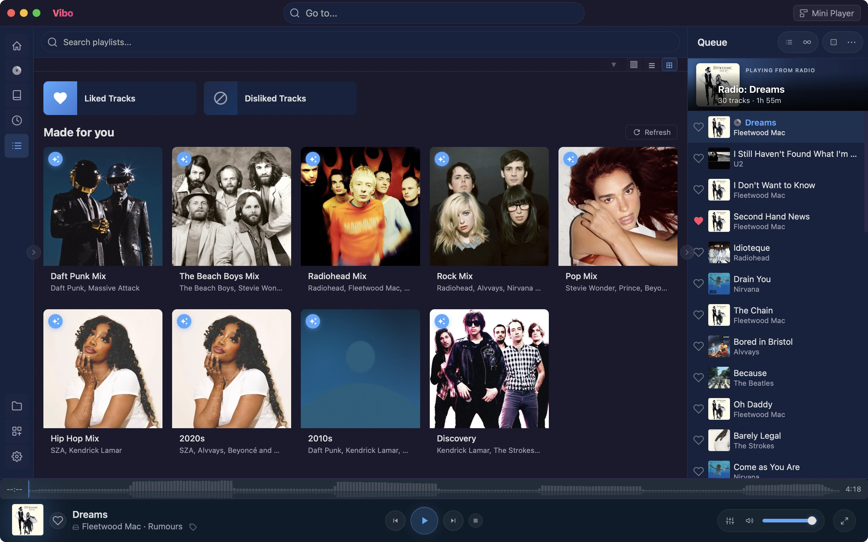 Playlists → Made for you: genre, artist, decade and discovery mixes