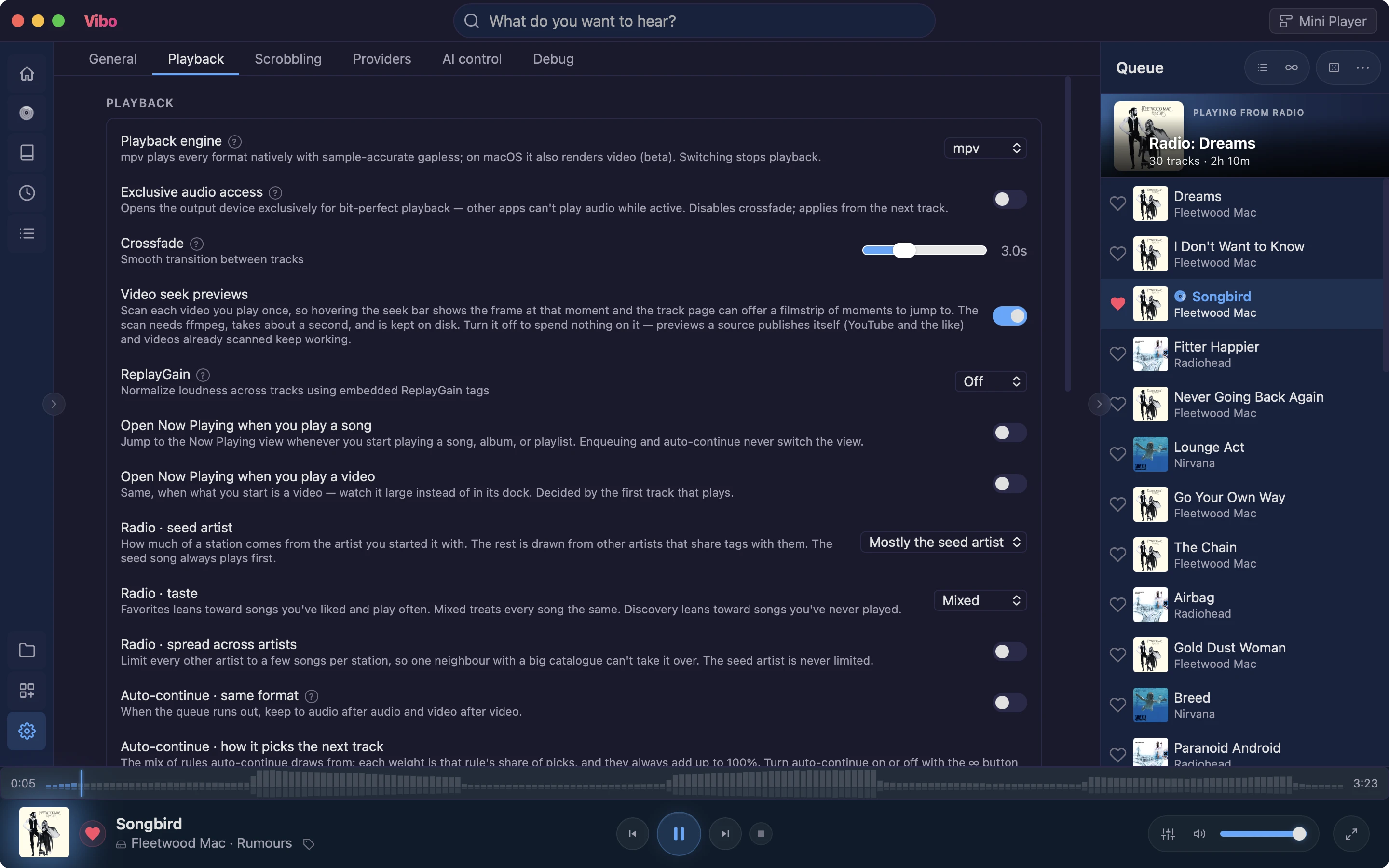 Settings → Playback: playback engine, exclusive audio access, crossfade, ReplayGain and radio options