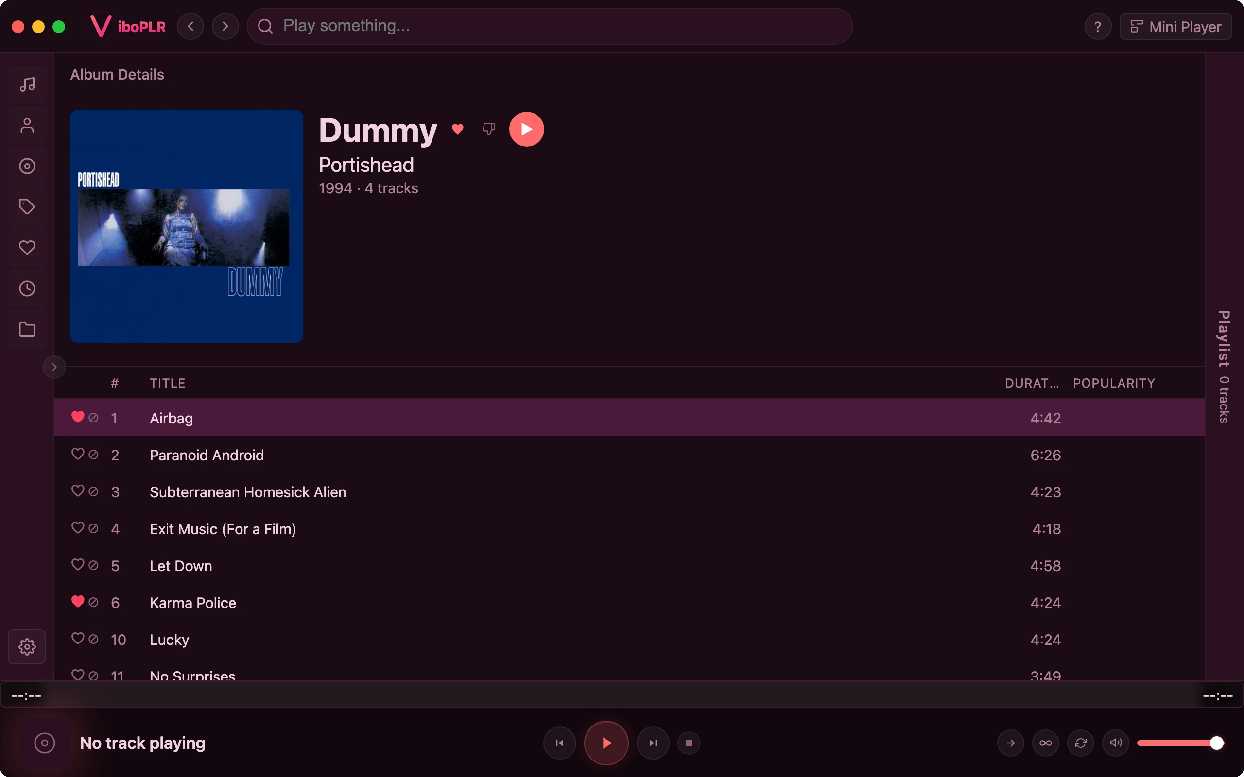 Album detail view in Viboplr skin