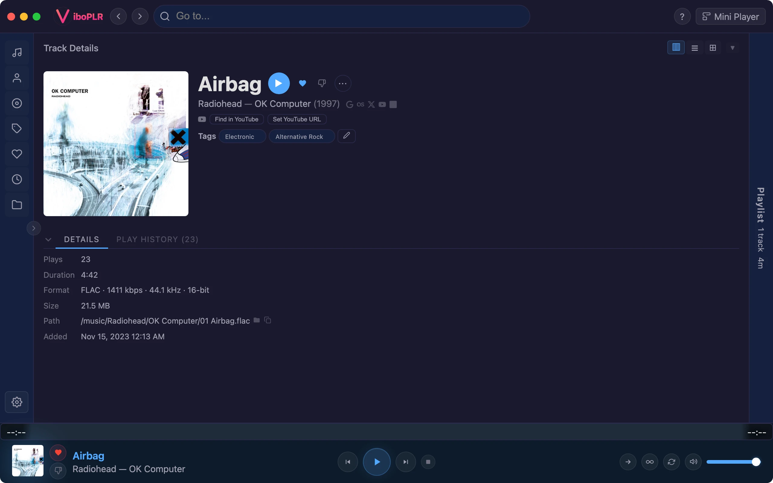 Viboplr track detail view with metadata