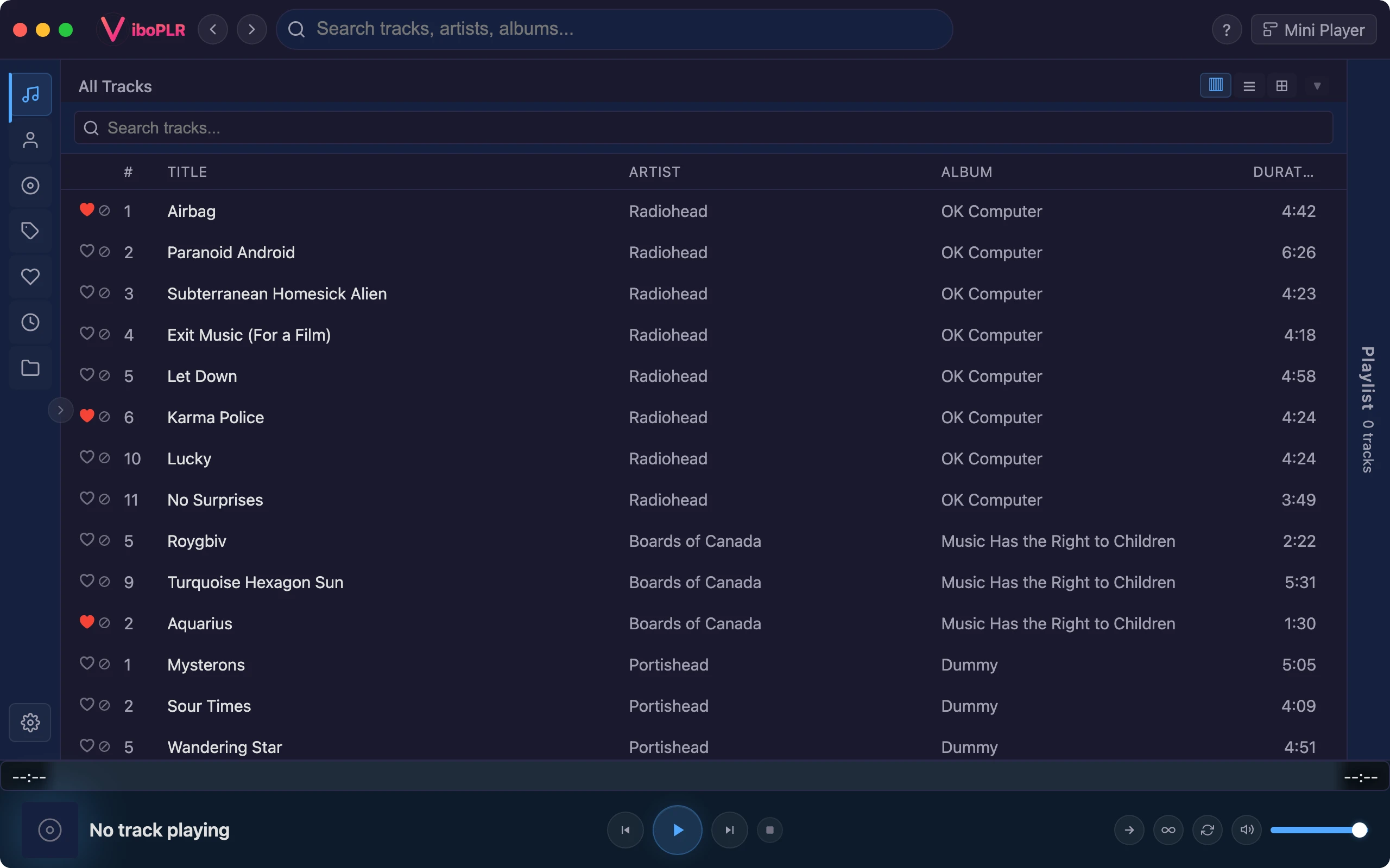 Viboplr music player showing track library