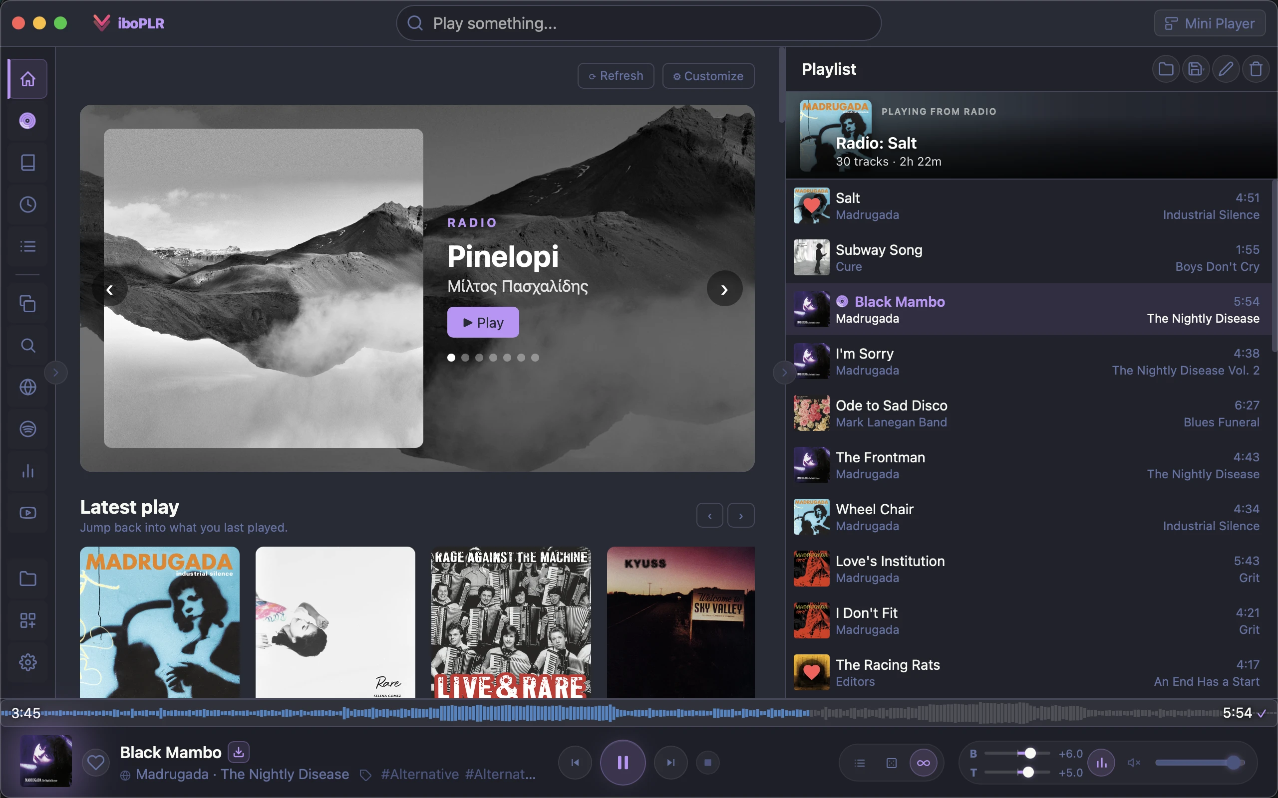 Viboplr home view with radio stations and shelves