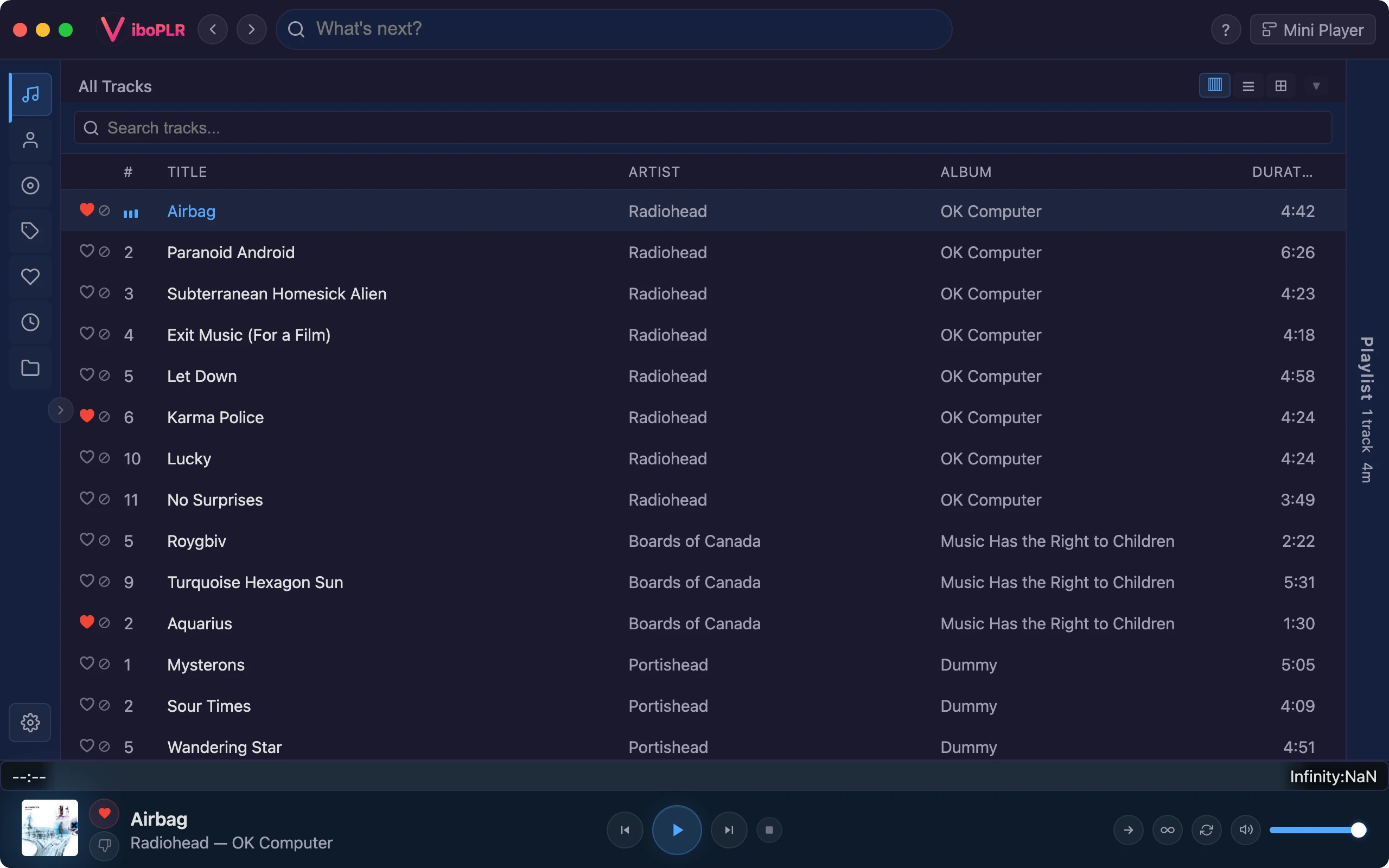 Viboplr playback controls and now playing bar