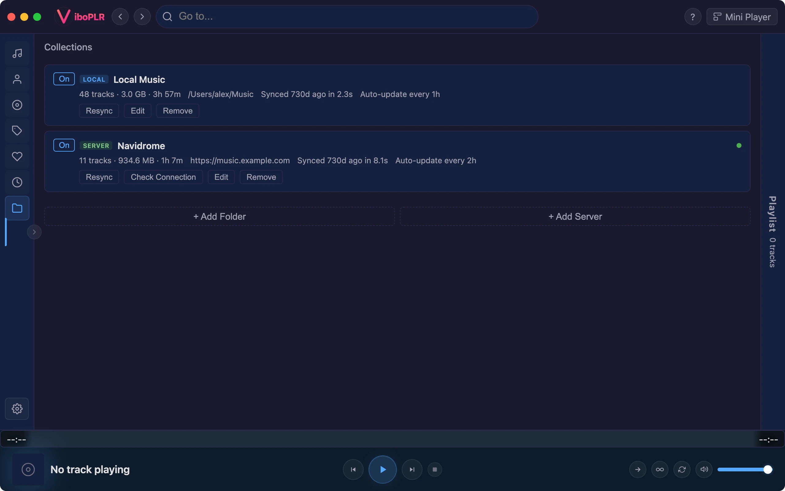 Viboplr collections view with local and server sources