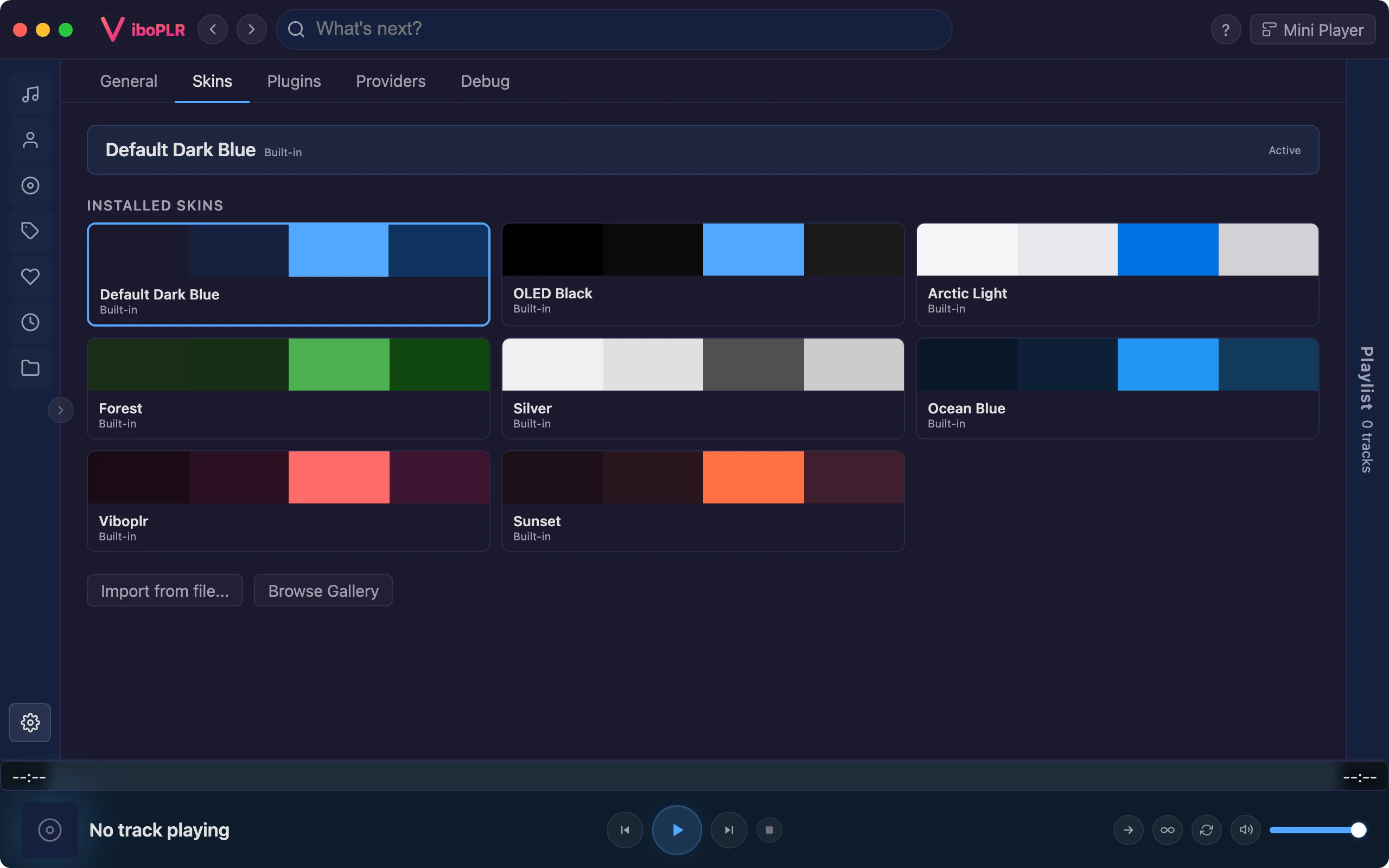 Viboplr skin settings with theme options